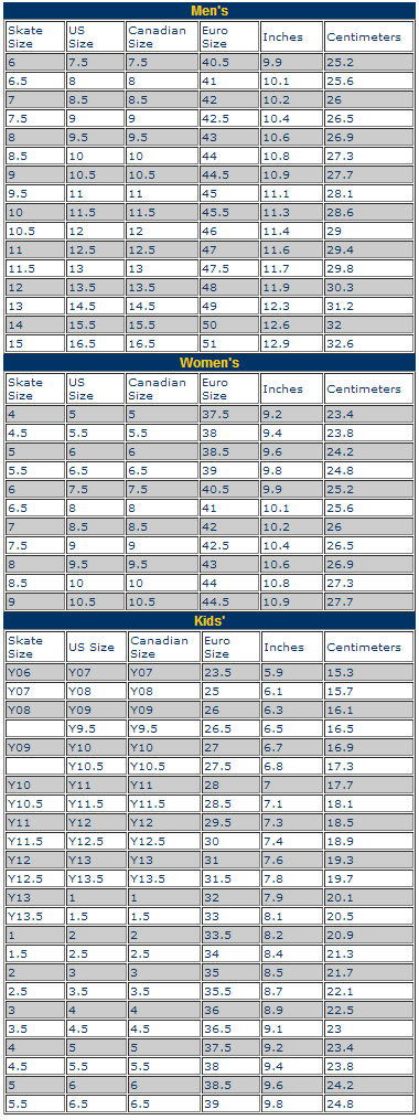 Bauer Skate Size Chart Bauer Skate Size Chart