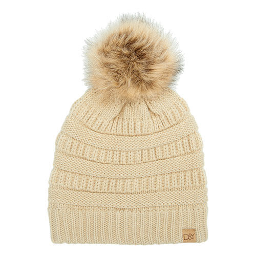 David & Young Women's Slinky Beanie With Faux Fur Pom