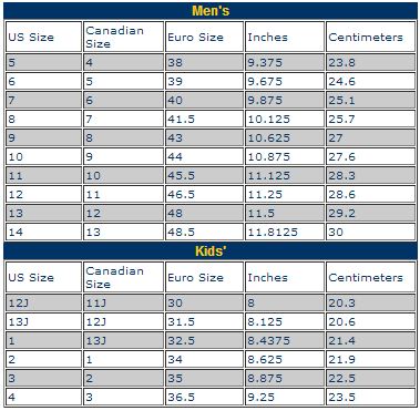 Tour Skate Size Chart Tour Skate Size Chart
